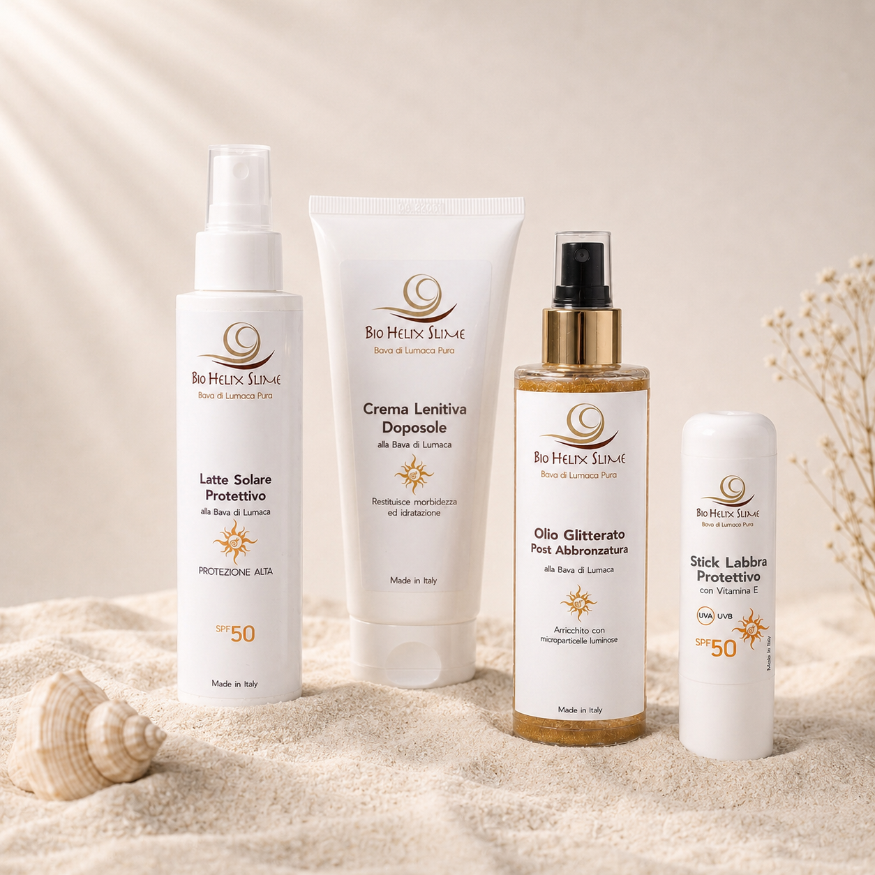 BIO HELIX SLIME SONNENPFLEGE SET MIT SPF 50, NACHSOHLE UND OLIO GLITTER Bio Helix Slime Sohlenpflege mit Sonnenmilch SPF 50, Aftersole, Glitzeröl und Lippenpflege SPF 50