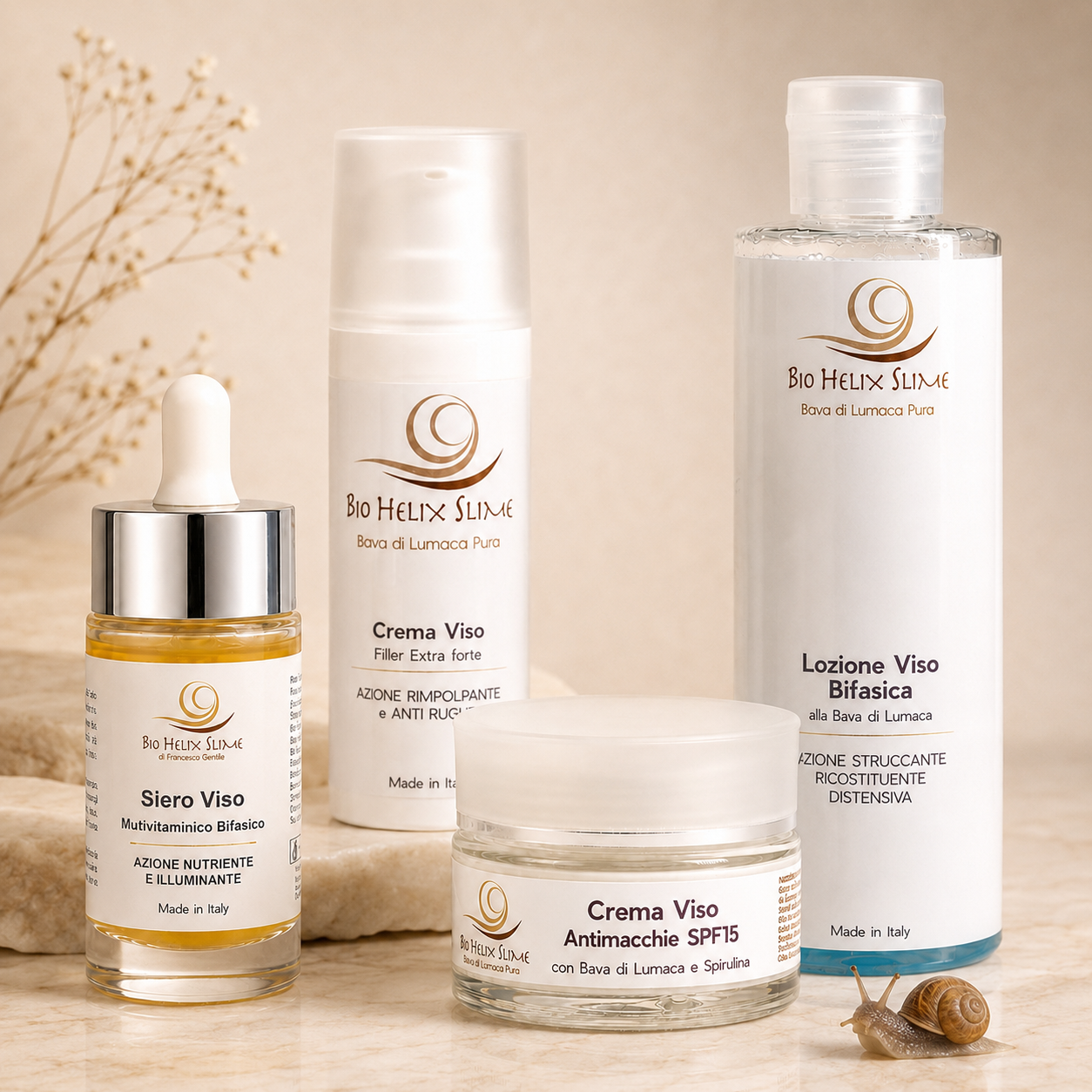GESICHTSPFLEGE BIO HELIX SCHLEIM MIT SIERO FÜR DIE SCHIACCA PER SCHIA, CREME UND LOZIONE Bio Helix Slime Viso und Körperpflege mit Schneckenserum, Füllcreme, Anti-Marfalatur-Creme und Gesichtspflege