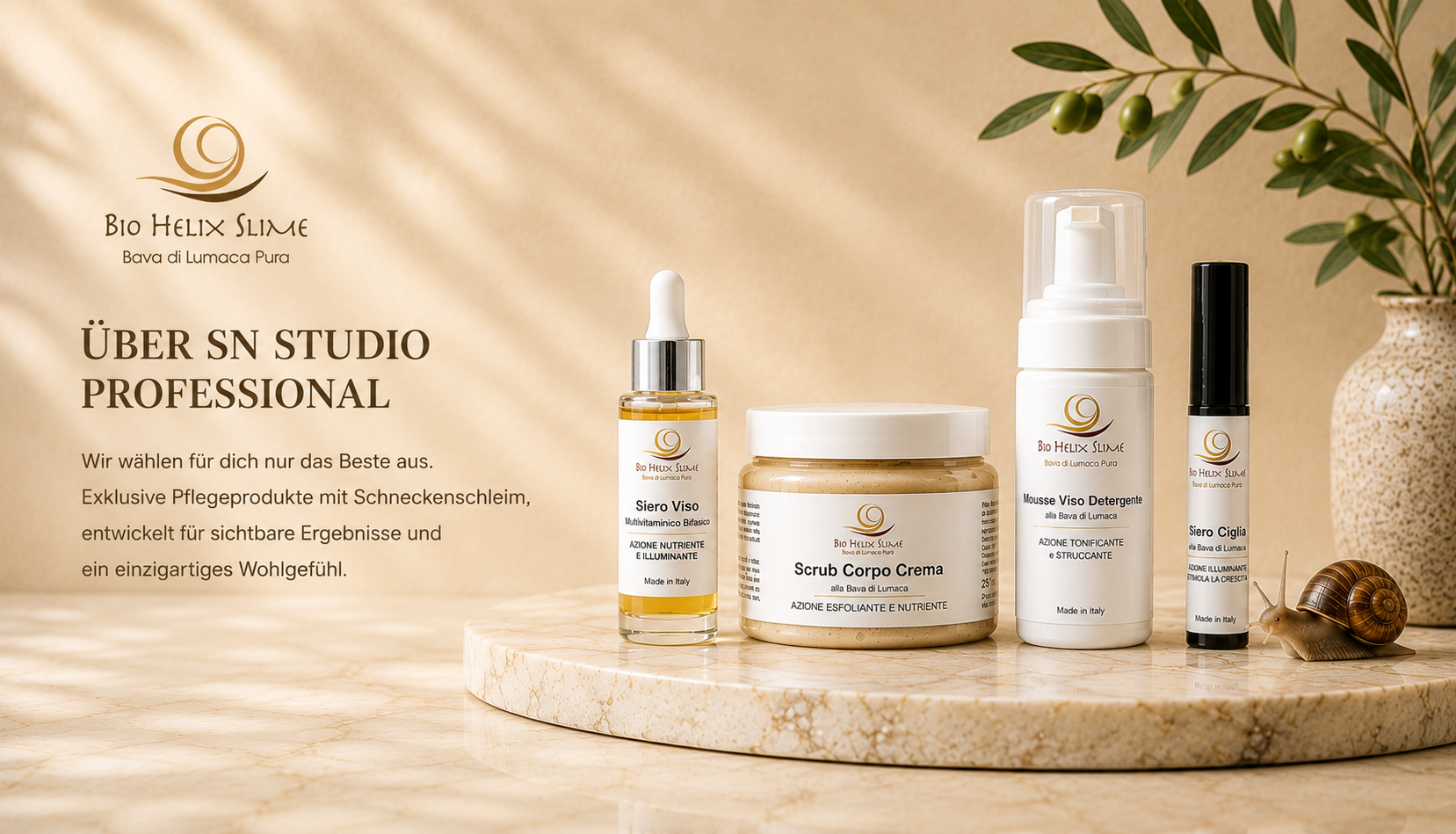 INFORMATIONEN ÜBER SN STUDIO PROFESSIONAL – Exklusive Produkte für die Schlee-Schleimpflege von Bio Helix Slime Banner von SN Studio Professional mit Produkten für die Heilung Bio Helix Slime auf Marmorplatte, trein Gesichtsserum, Körperpeeling, Schaumwaschmittel und Wimpernserum.